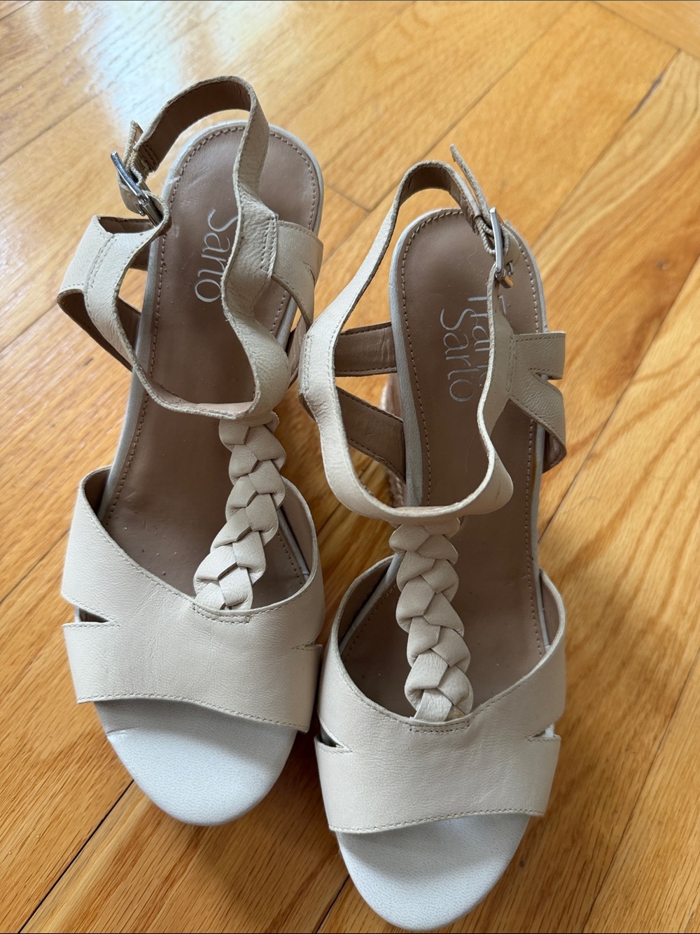 Franco Sarto Cream Braided T-Strap Sandals
